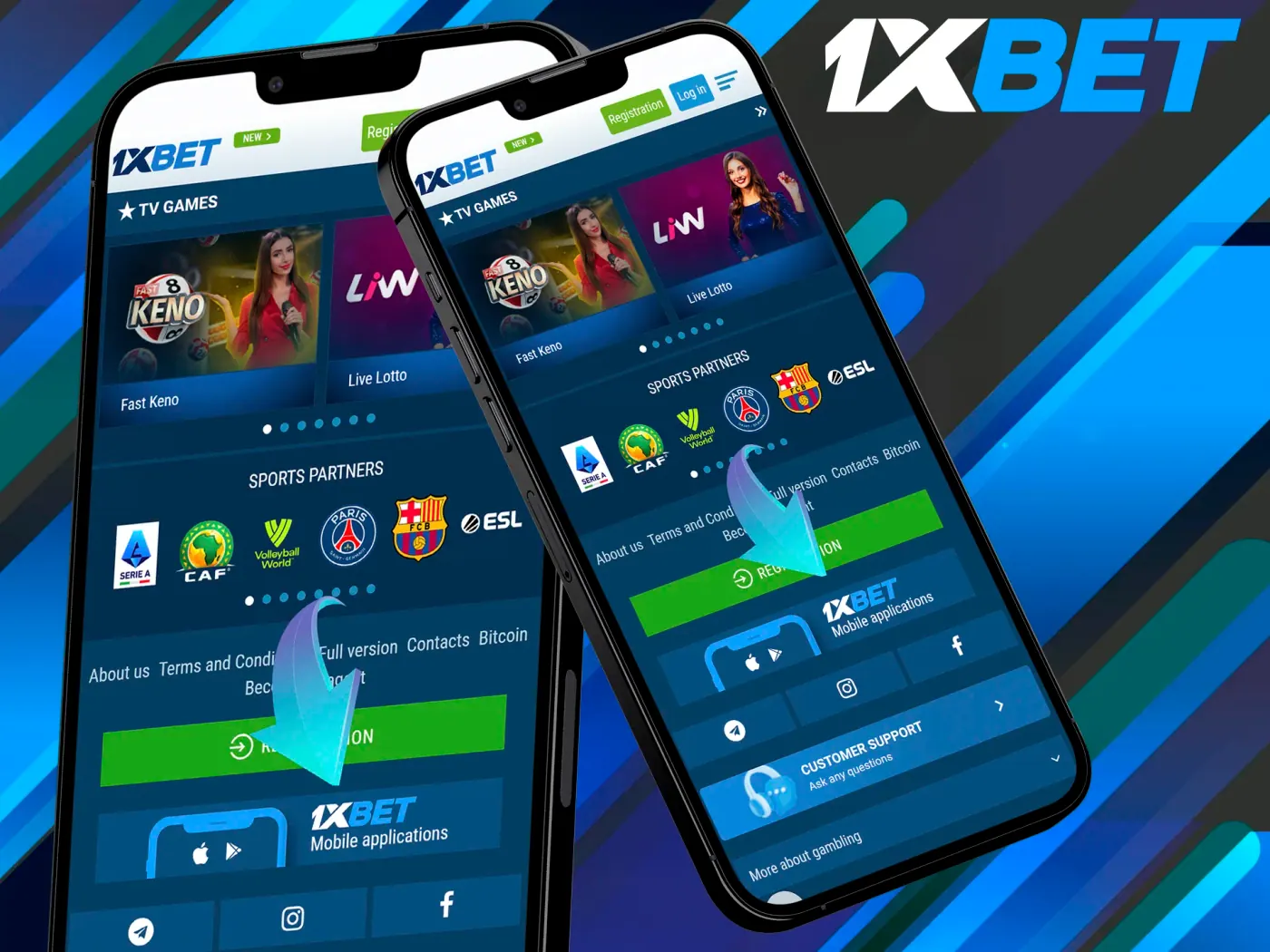 Find the Application section at the 1xBet website.