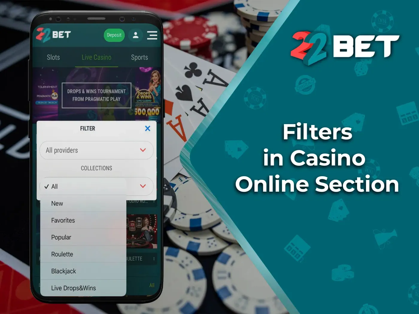 Get instant access to any slot thanks to in-app search from 22Bet Casino.