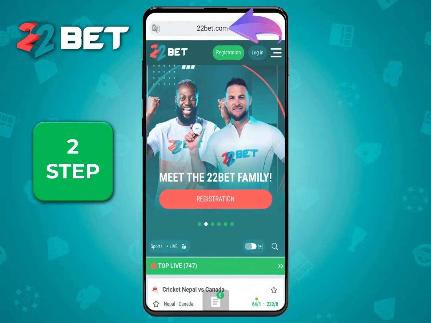 Type 22Bet casino site into the address bar.
