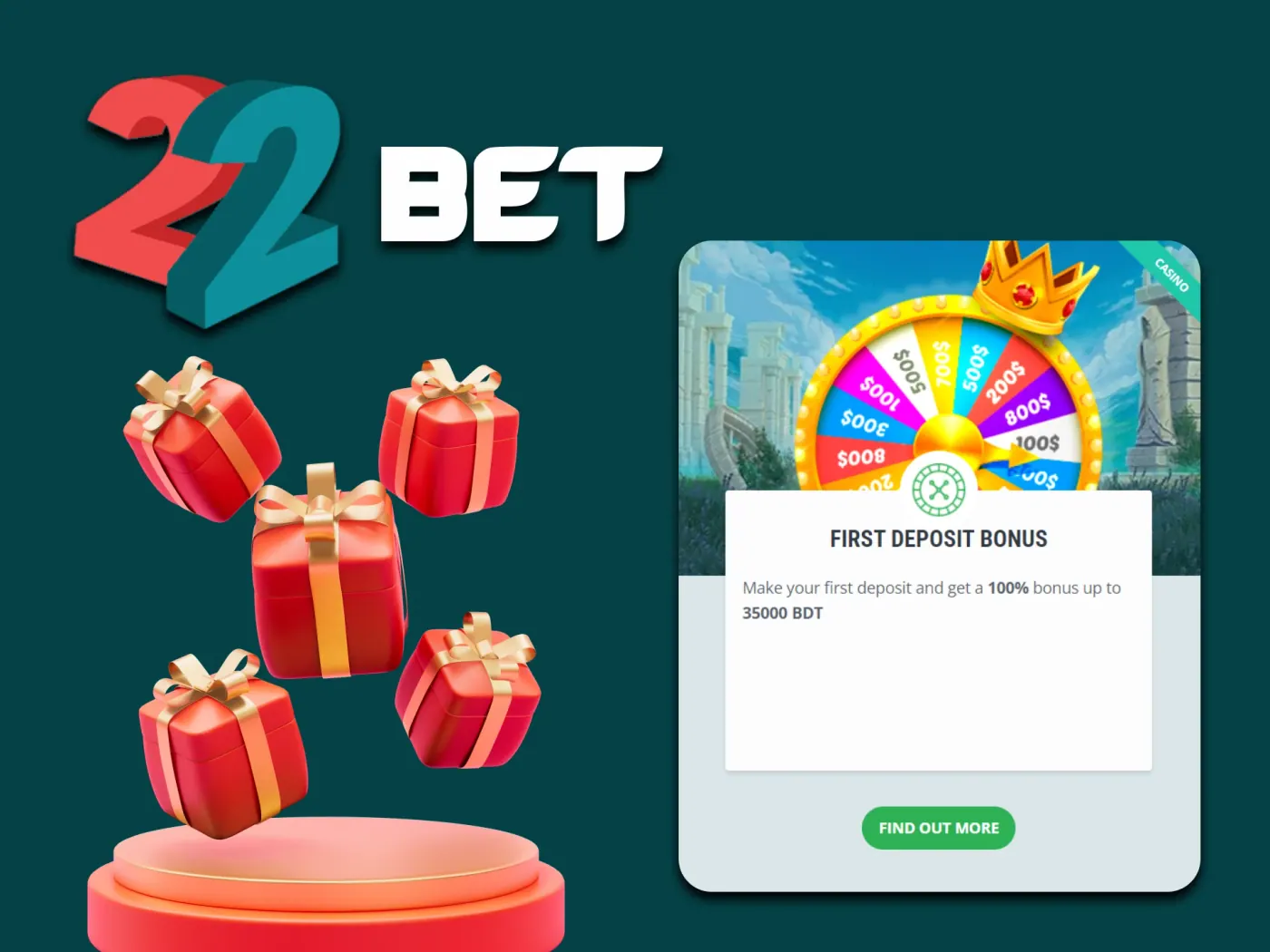 22Bet first deposit bonus.