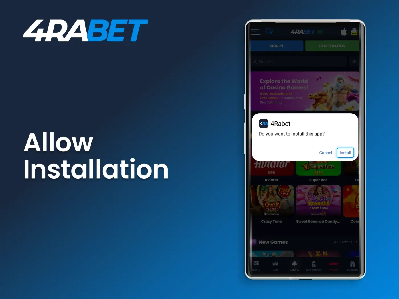 Confirm the installation of the 4Rabet app.