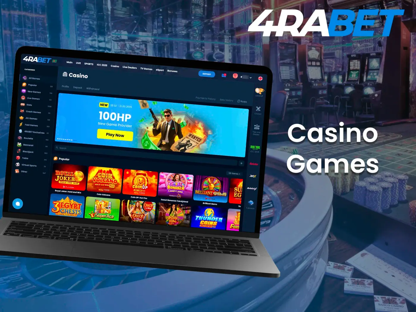Play your favorite casino games at 4Rabet website.