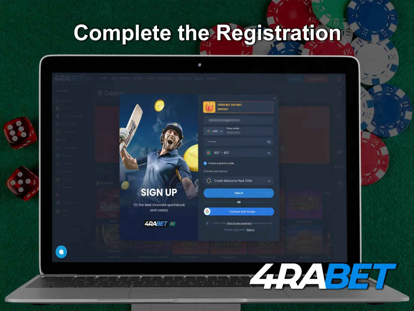 Complete your registration and proceed to the deposit section at 4Rabet Casino.