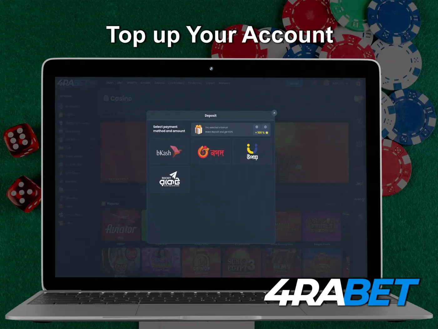 Determine the amount you need and make your first deposit at 4Rabet Casino.