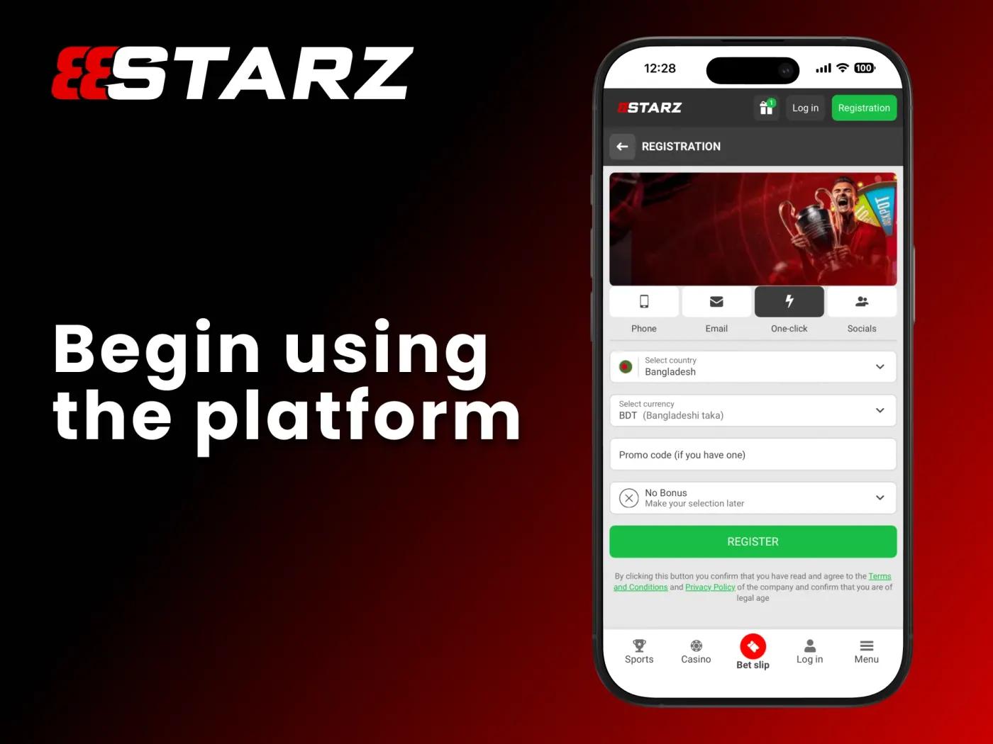 Register 888Starz new account to begin using the platform.