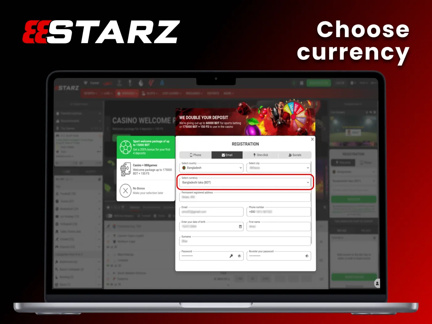 Choose the currency you prefer at 888Starz.