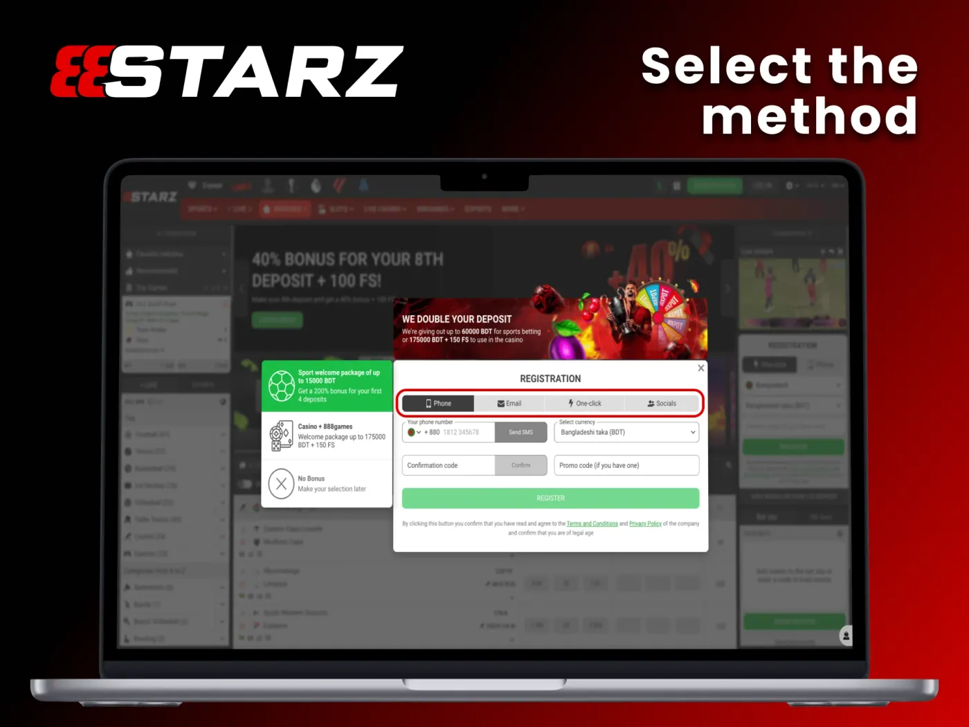 Select your registration method at 888Starz website.
