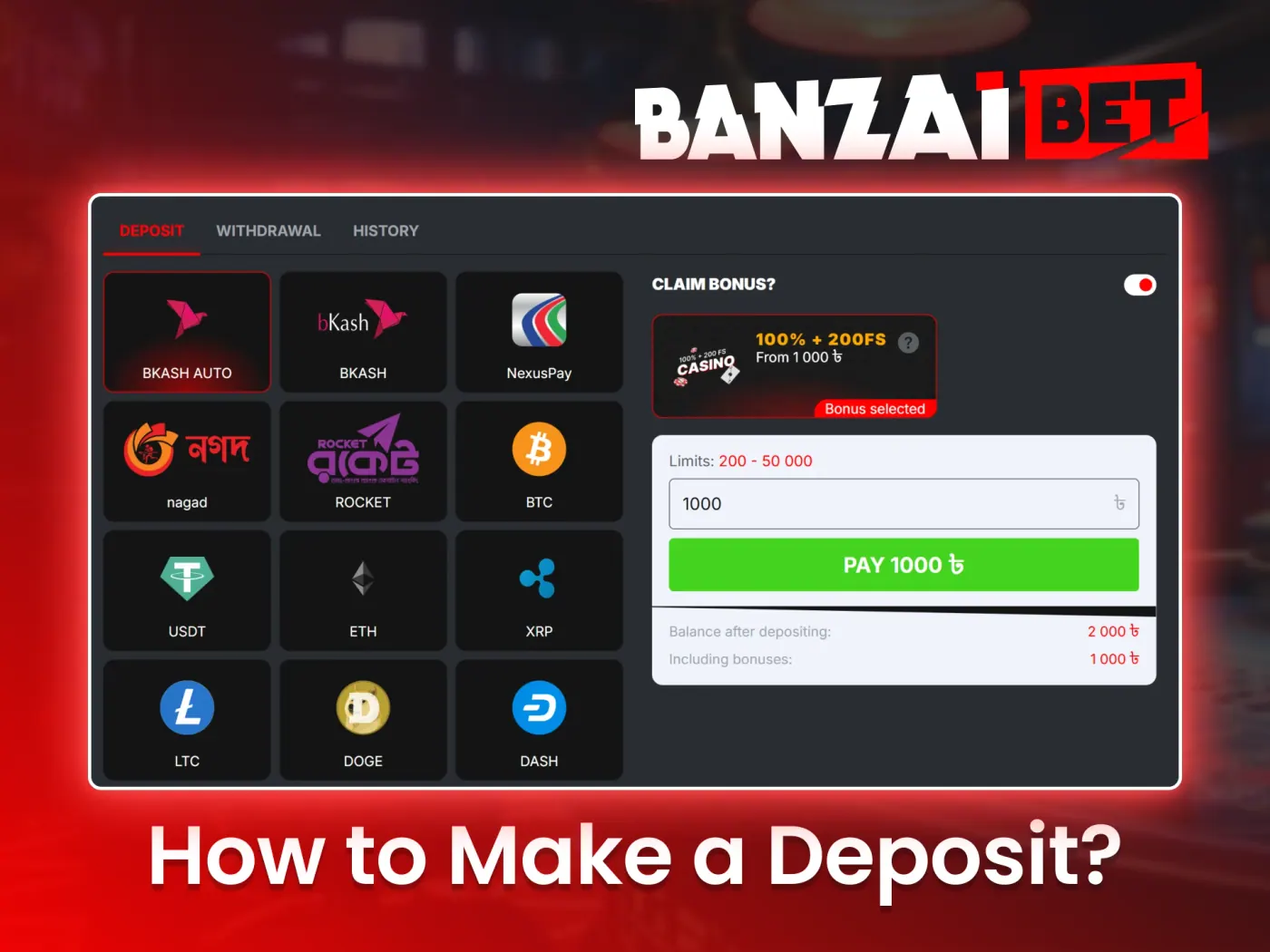 How deposits worked at BanzaiBet.
