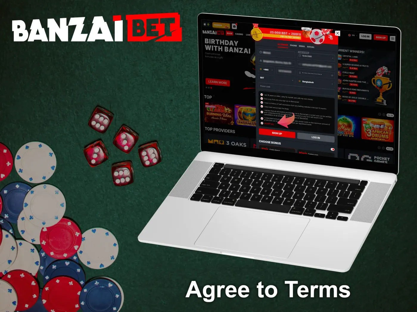 Agree to the BanzaiBet website's terms and conditions.