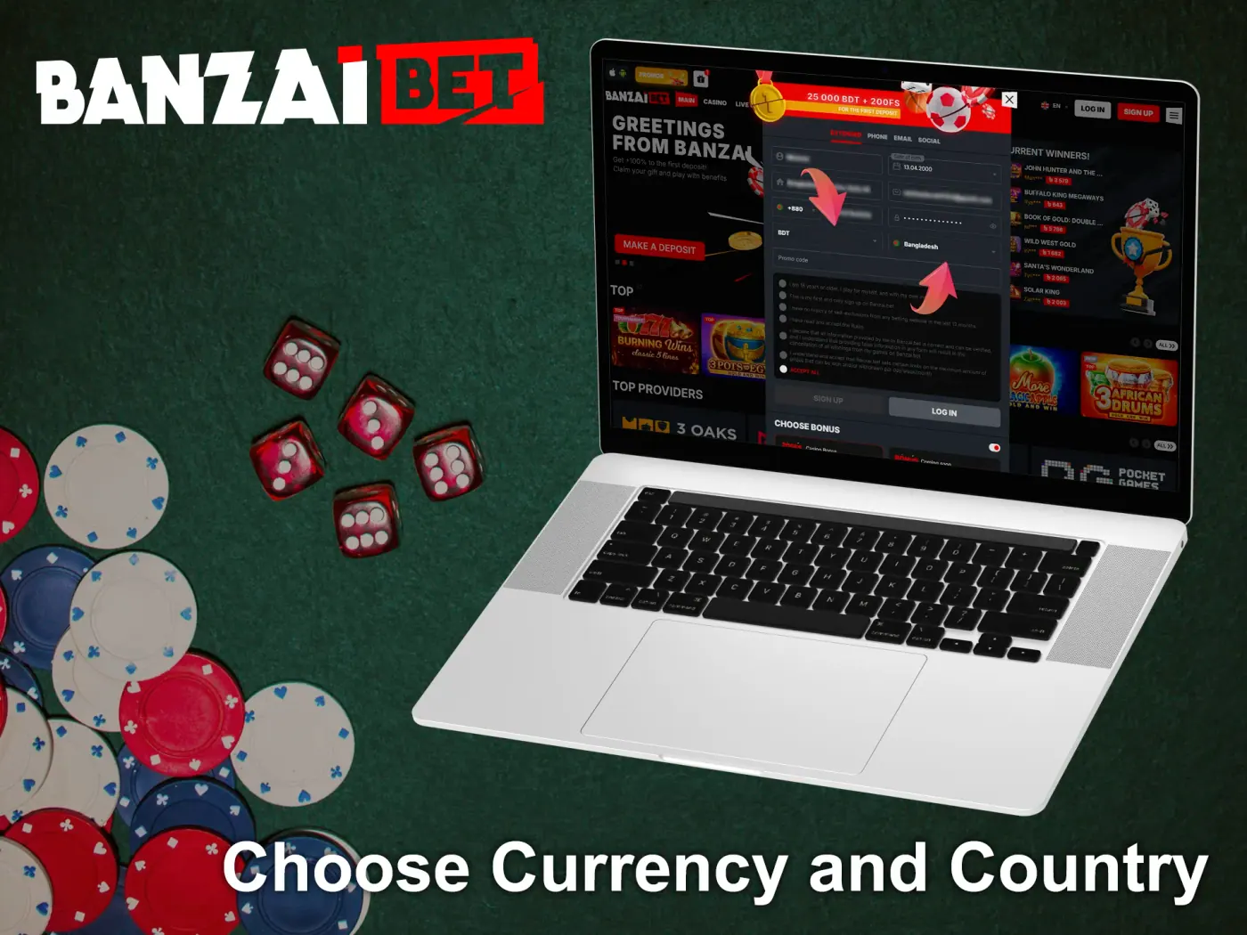 Select your country and currency at BanzaiBet.