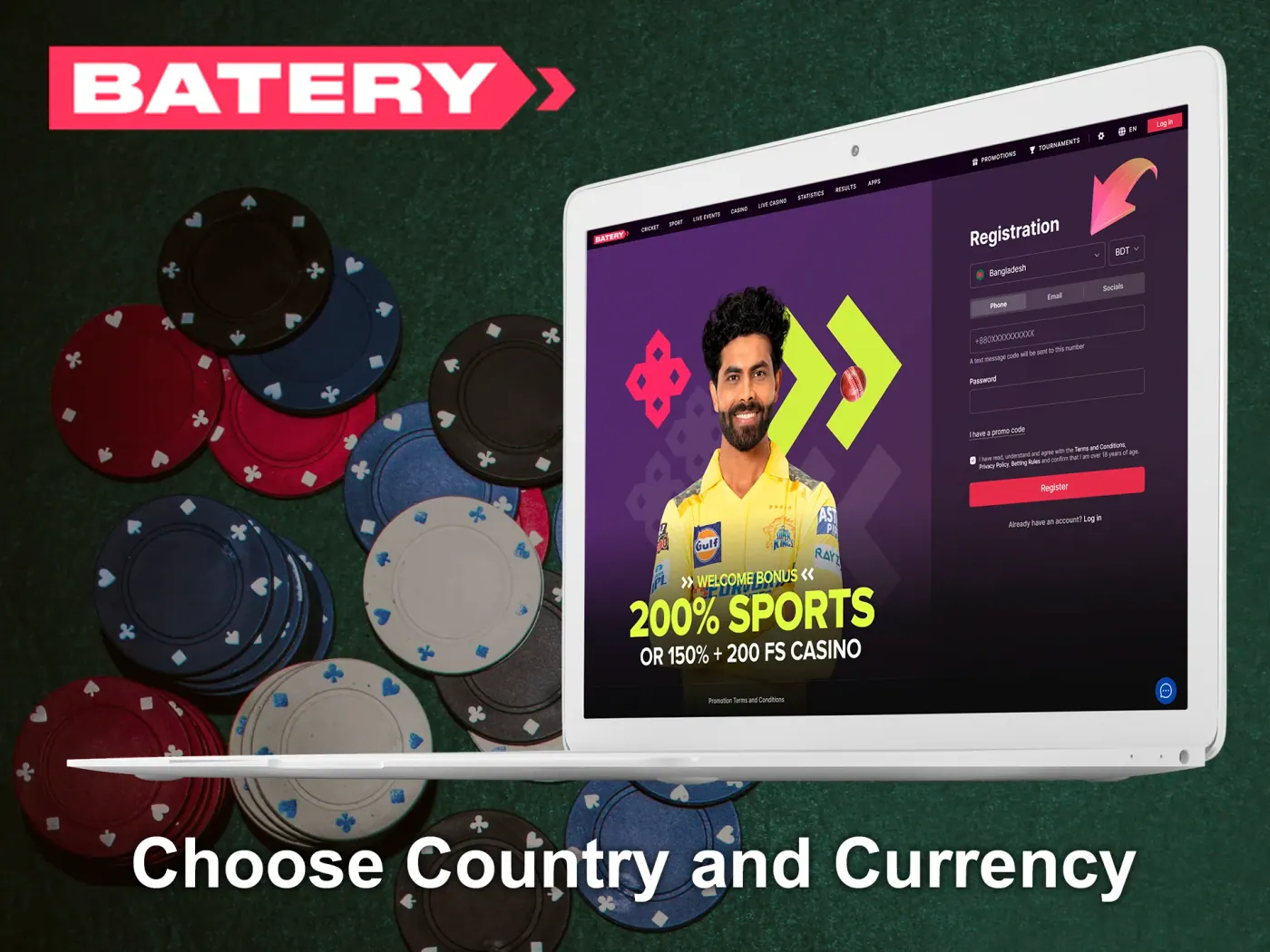 Select your country and preferred currency at Batery.