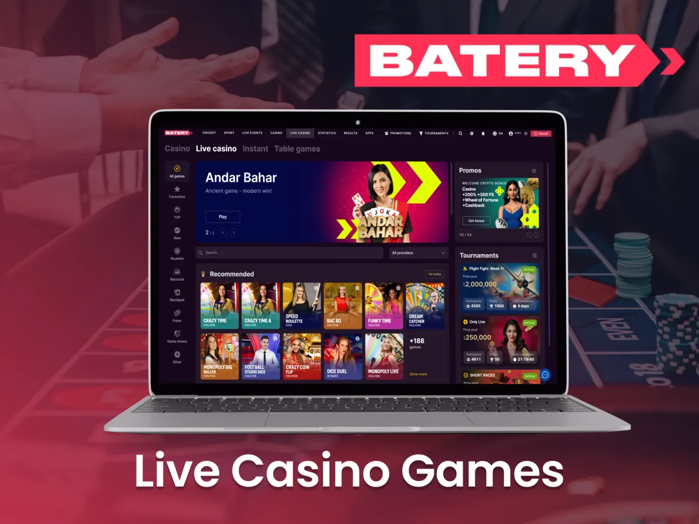 Play with real dealers for an authentic casino experience at Batery.