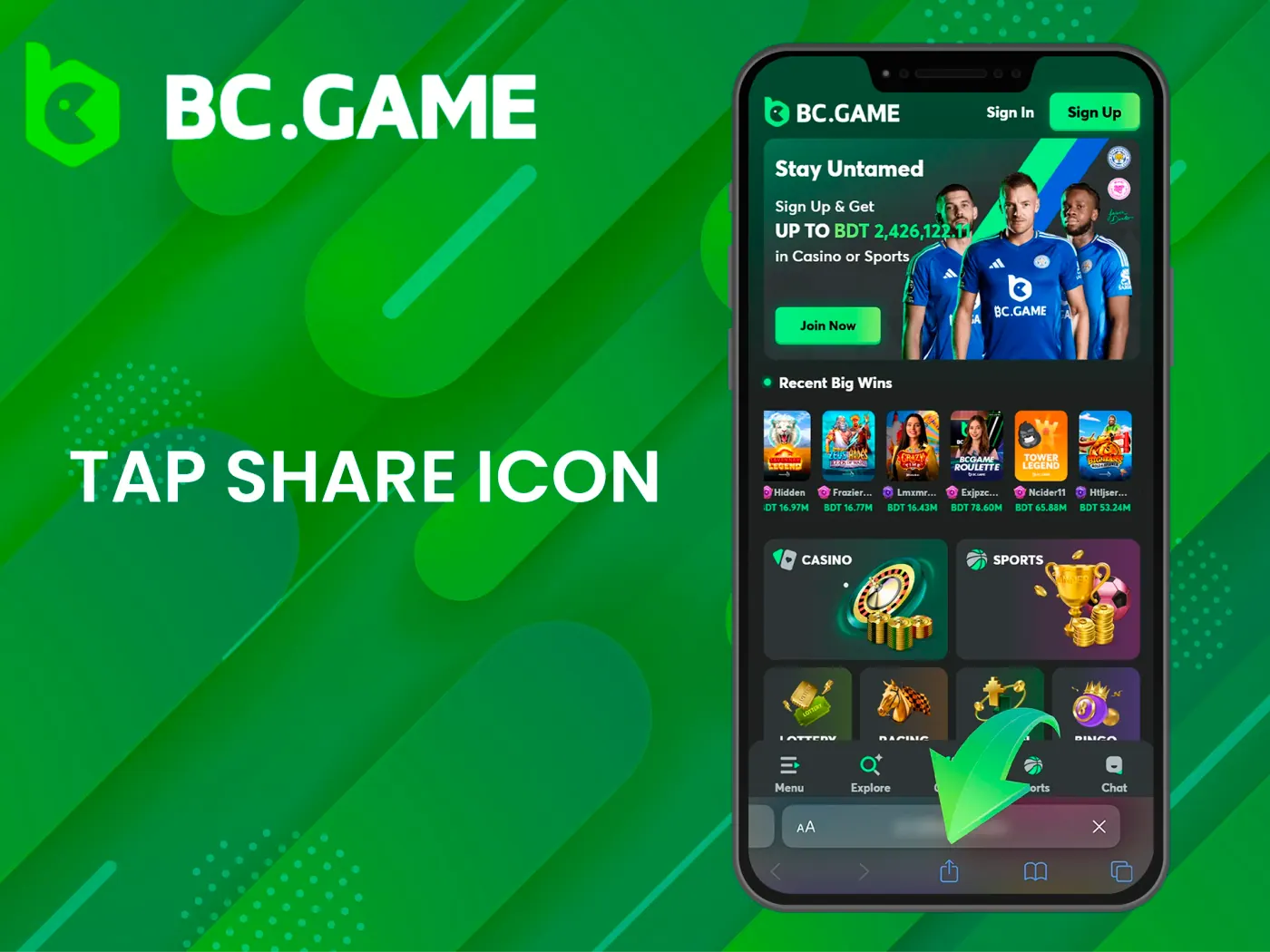 Click the Share icon to download BC Game app.