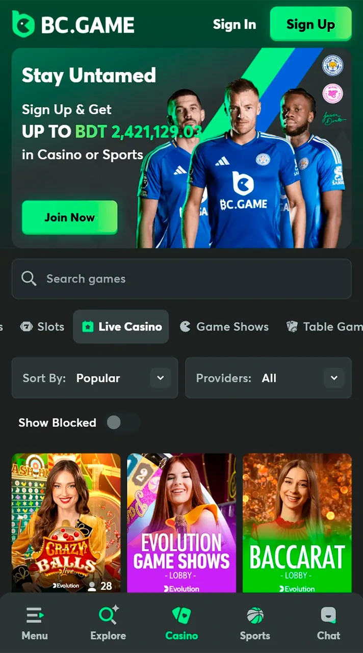 Enjoy live casino games at BC Game app.