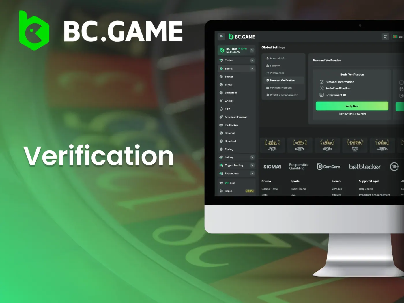 BC Game casino account verification.