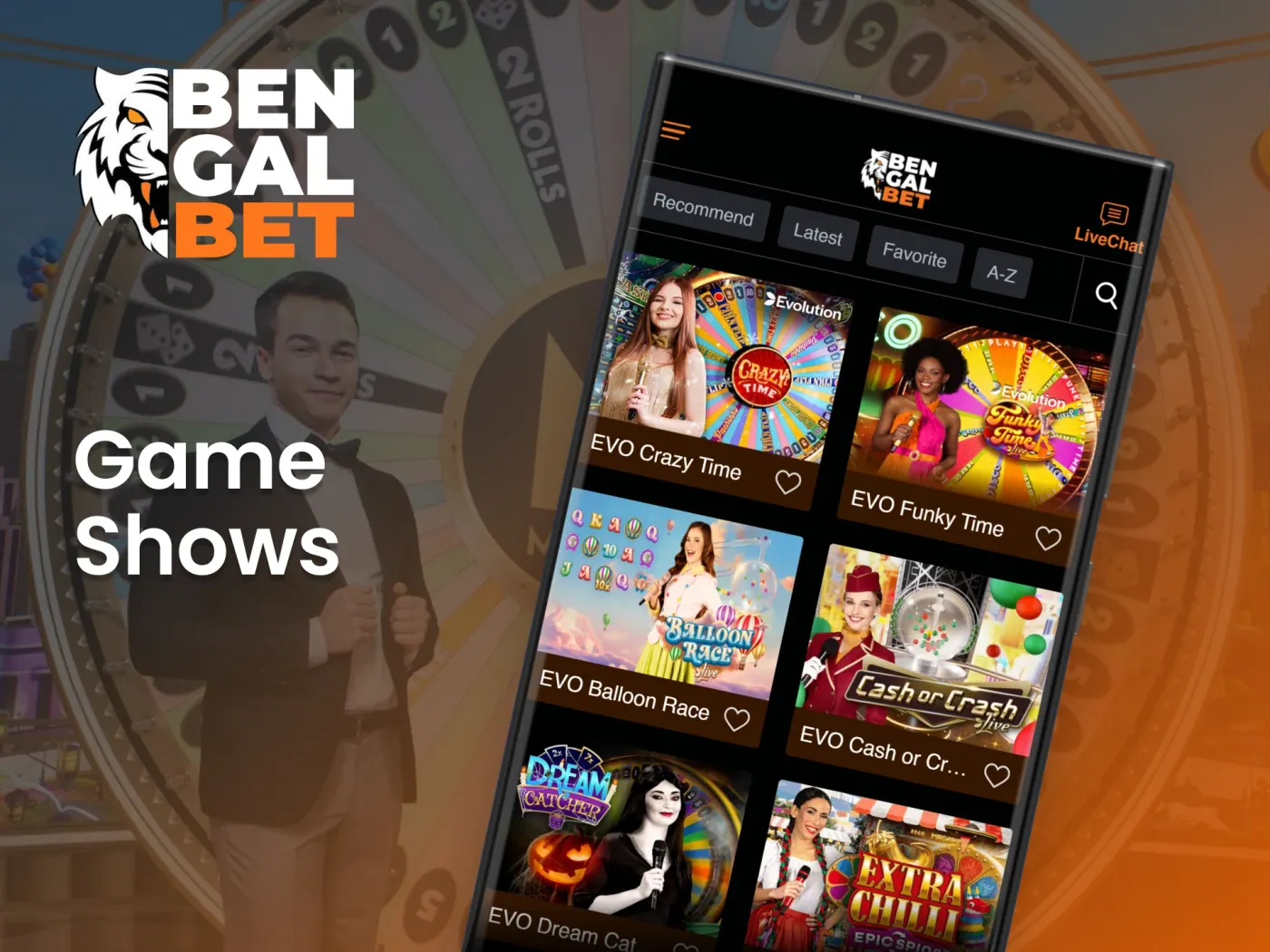 Play a variety of the game shows with the Bengalbet casino app.