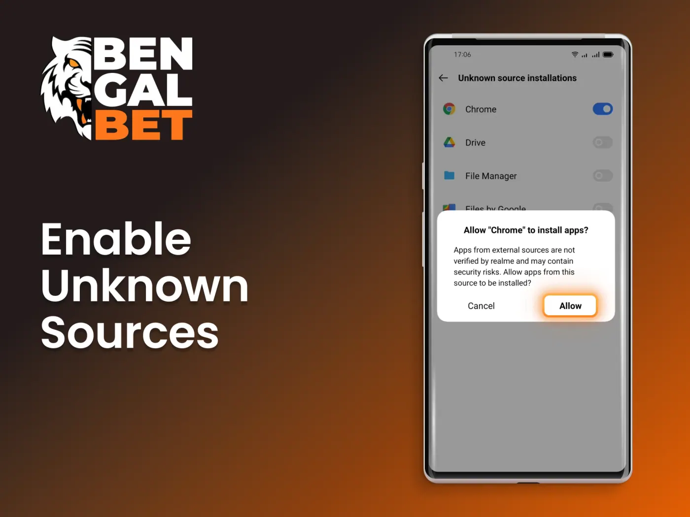Adjust settings to allow installation of the Bengalbet casino app.