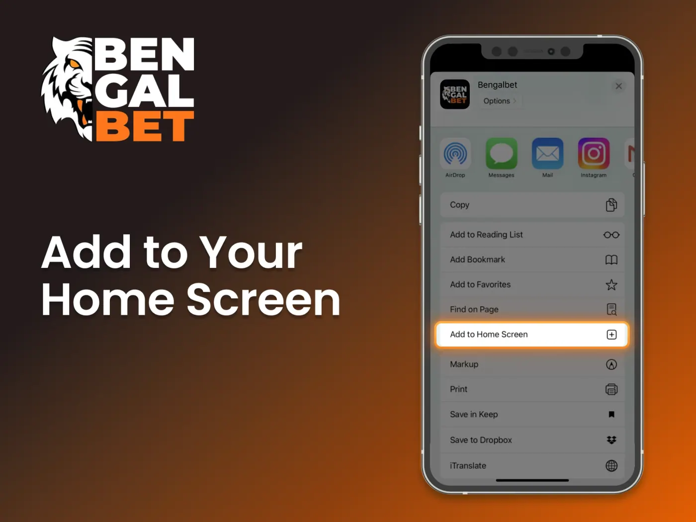 Create a home screen shortcut for Bengalbet.