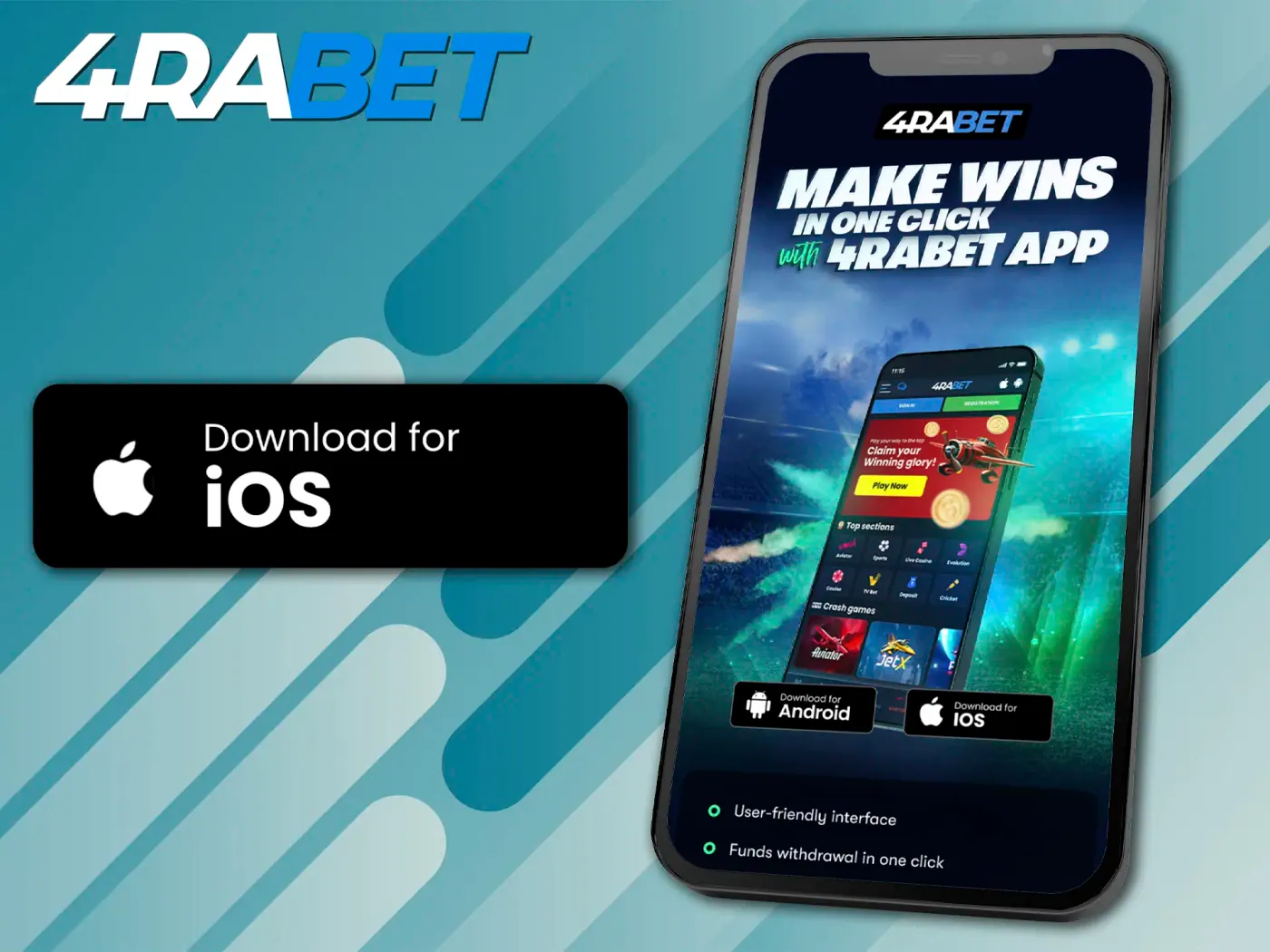 4Rabet's app page with Android and iOS download buttons.