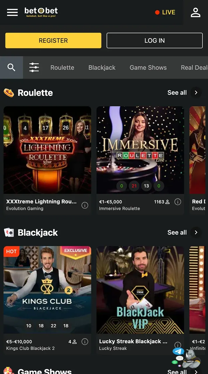 Betobet live casino page enjoy real time excitement.