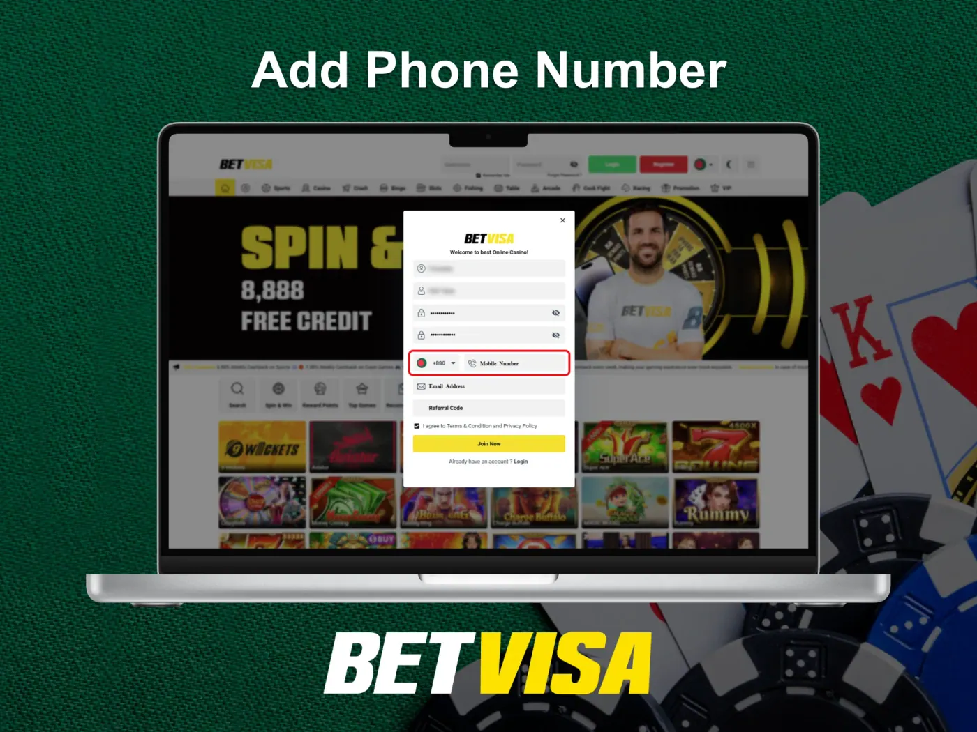 Enter a phone number to verify account on Betvisa.