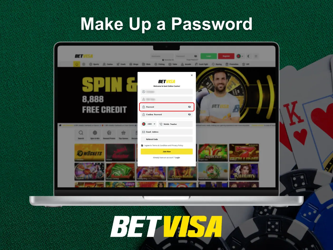 Choose and confirm password on Betvisa.