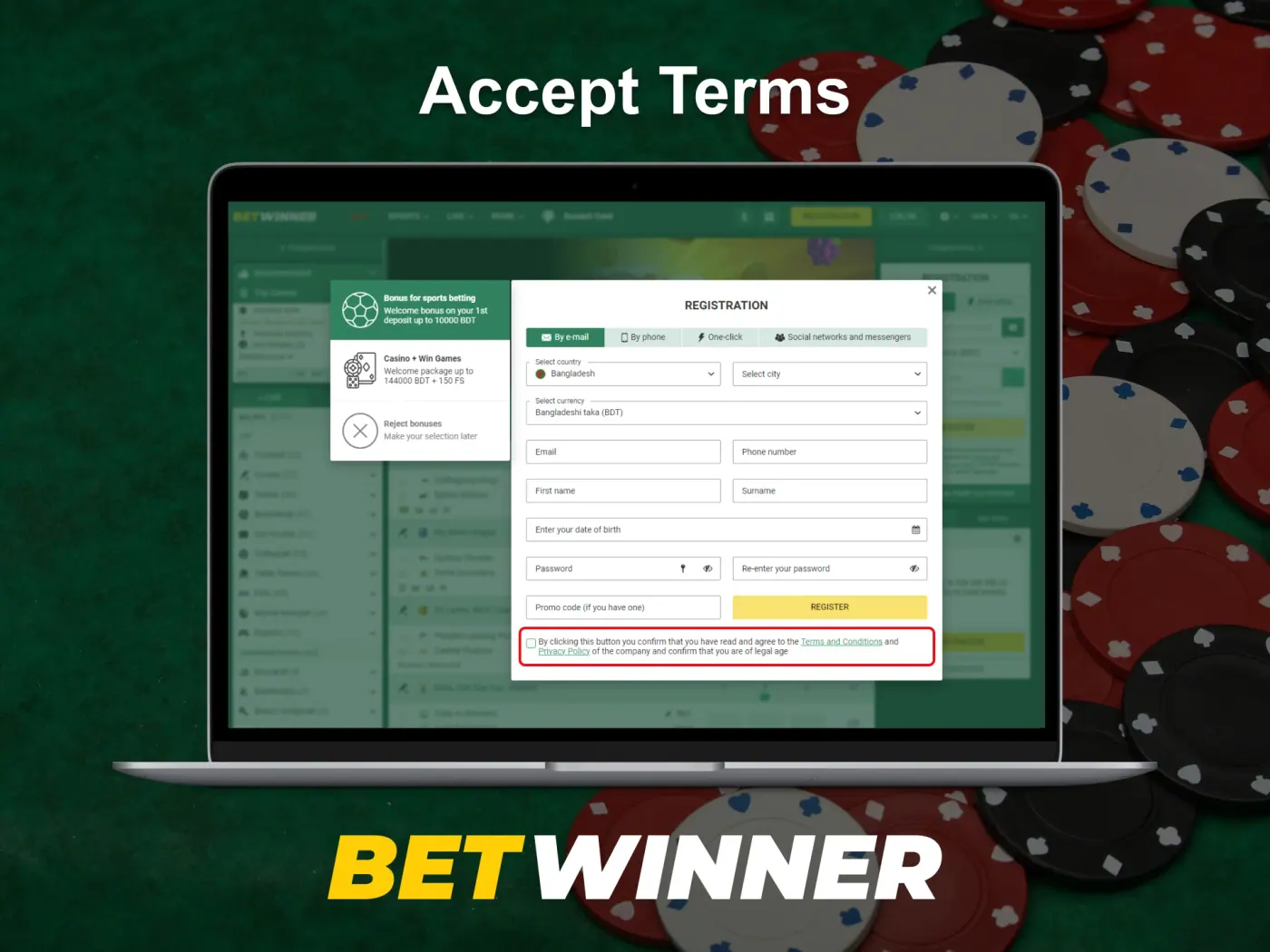 Agree to the Terms and Conditions of the Betwinner platform.