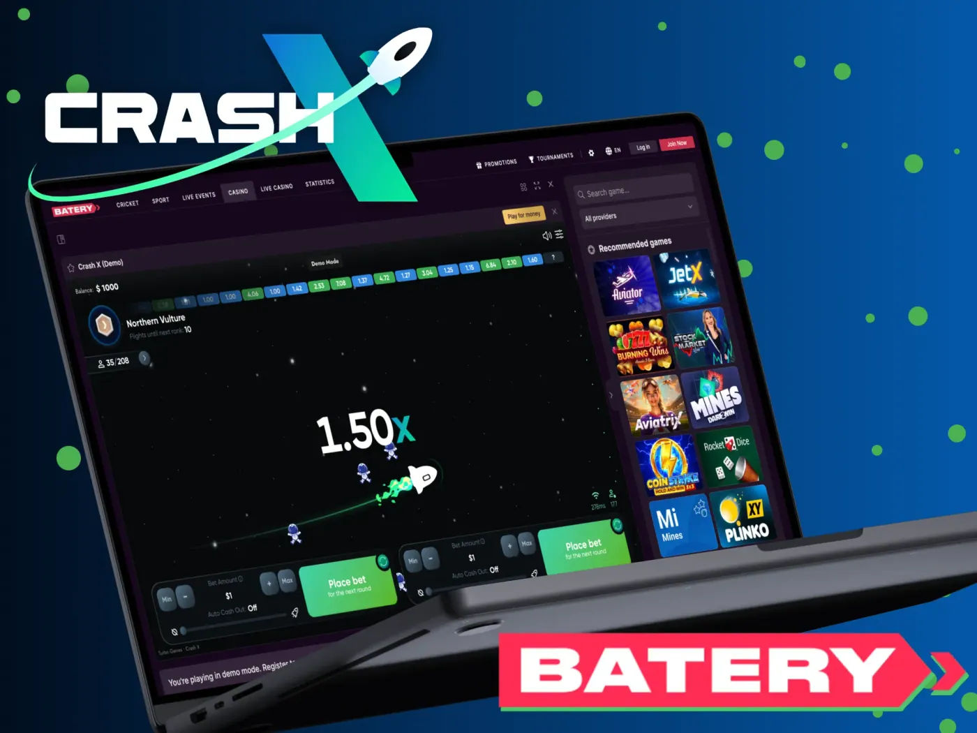 Create a Batery account and play CrashX game online.