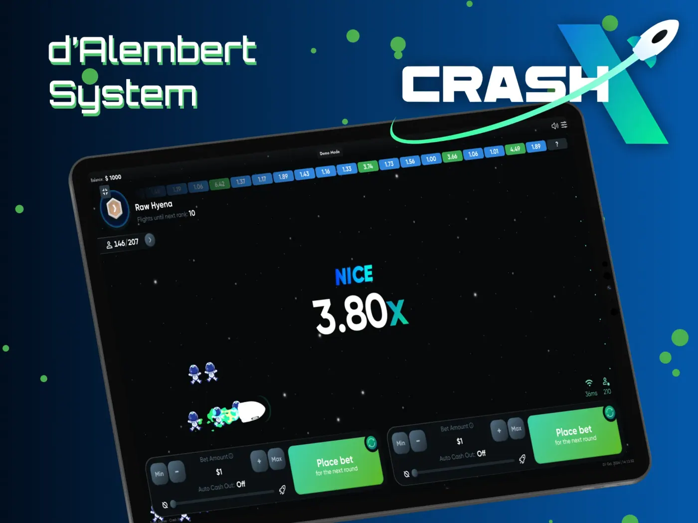 D'Alembert betting system in Crash X.