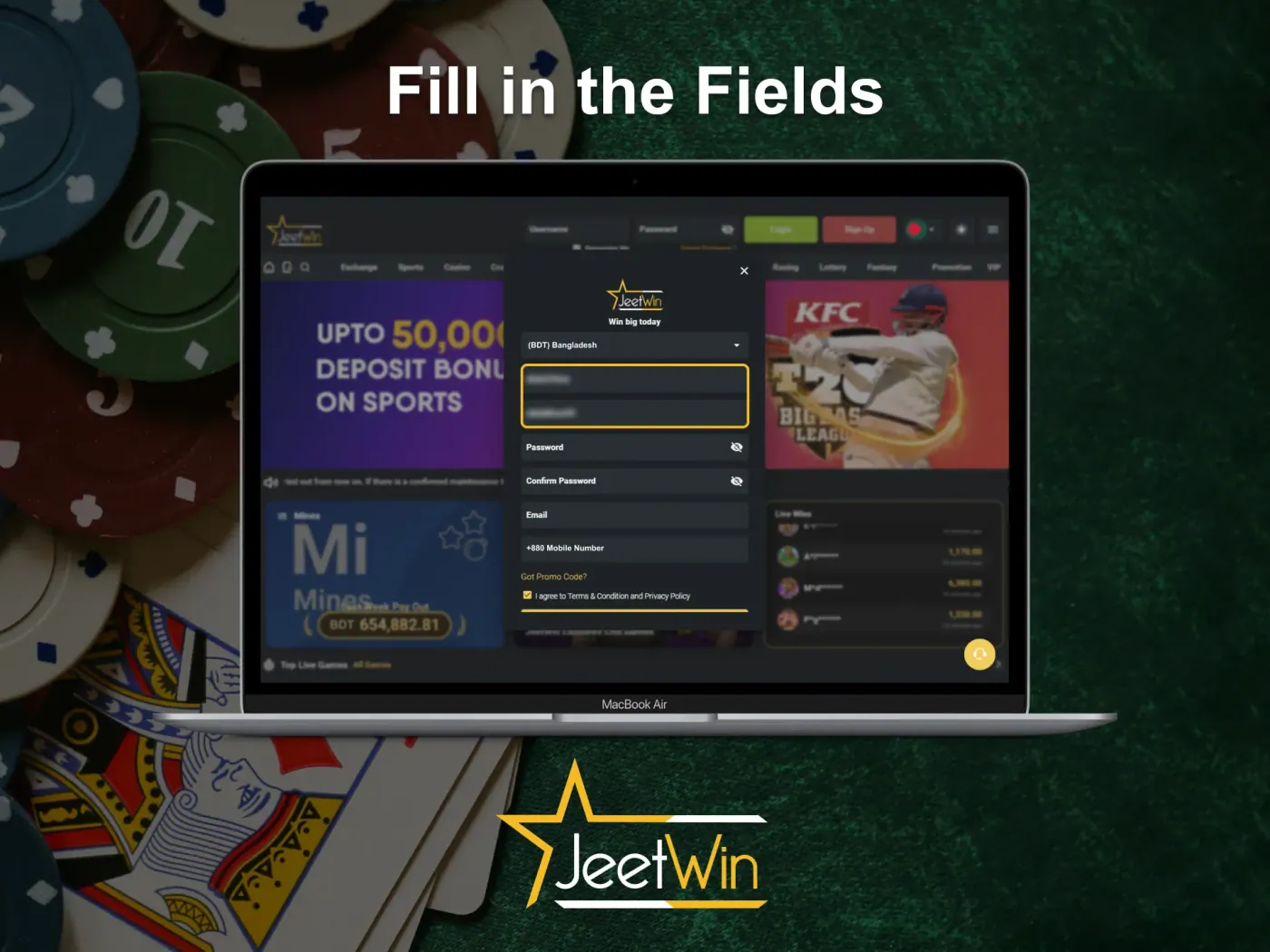 Fill in the required fields when signing up on the Jeetwin website.