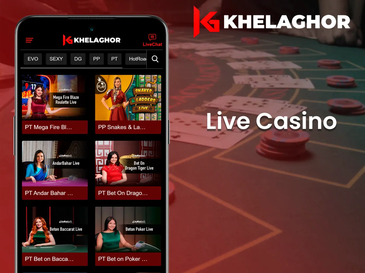 Casino games with live dealers at Khelaghor app.