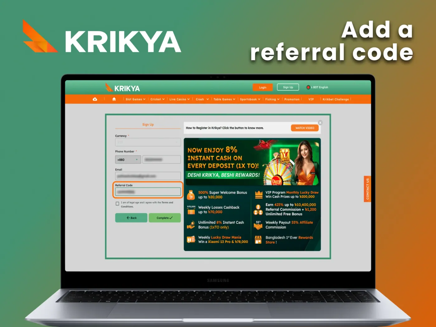 Enter a referral code in the appropriate field at Krikya.