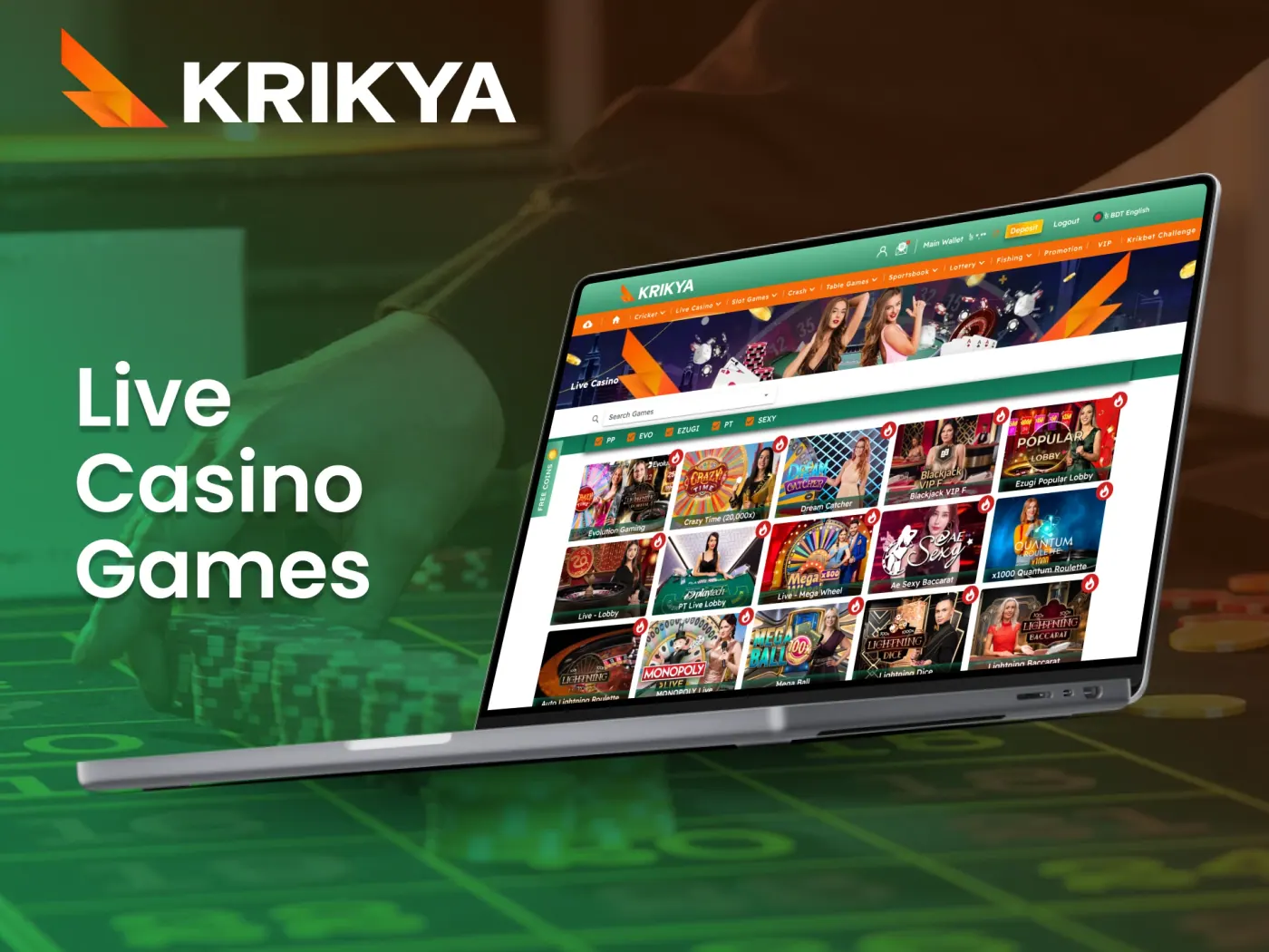 Join real dealers in real time at the Krikya's live casino section.