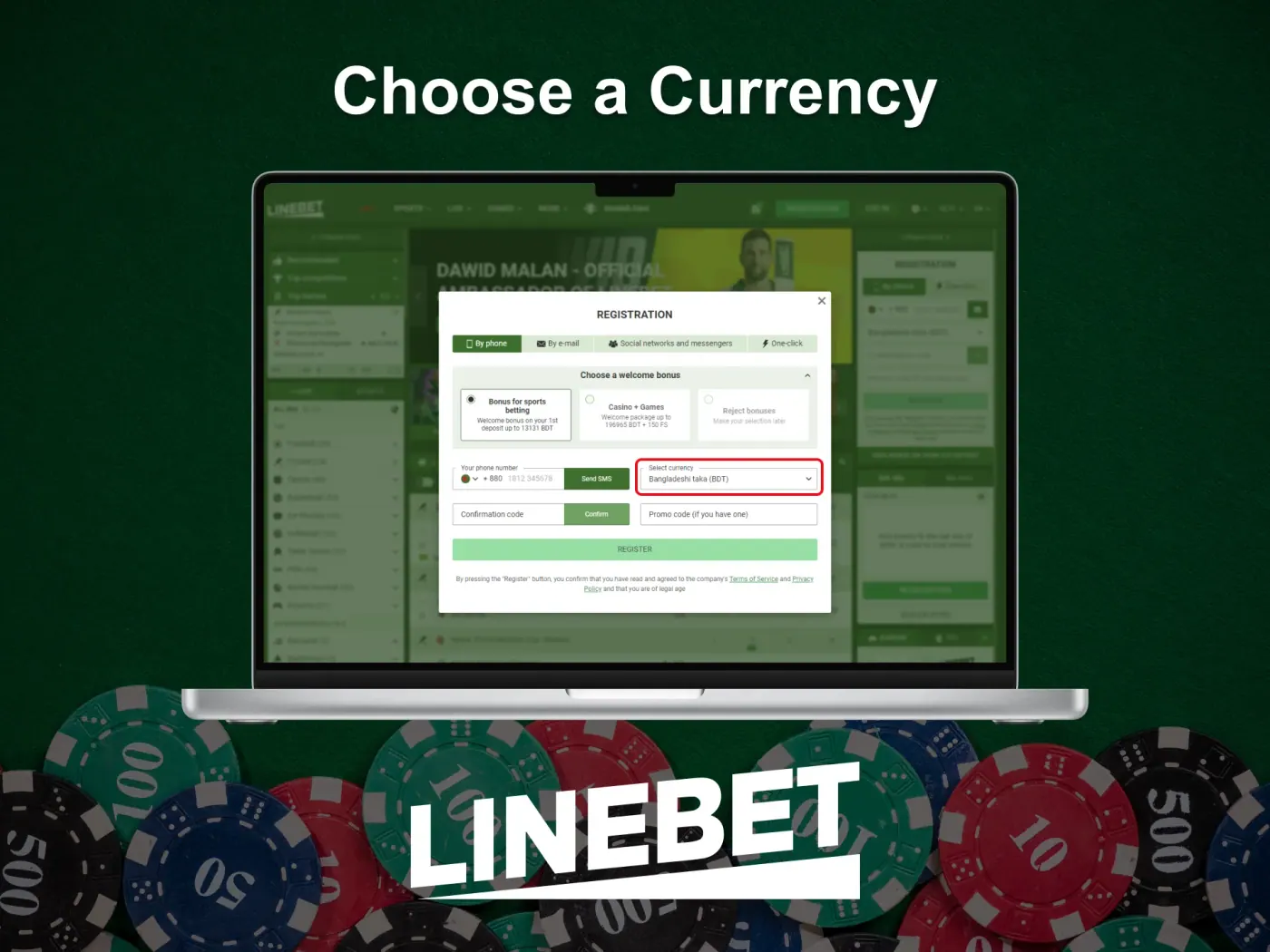 Choose a currency to register with Linebet.
