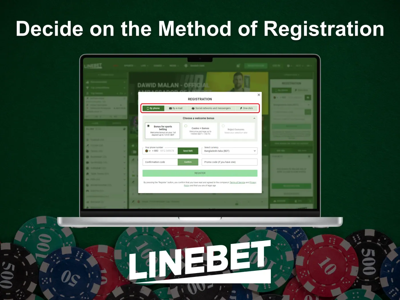 Select the registration process for Linebet casino.