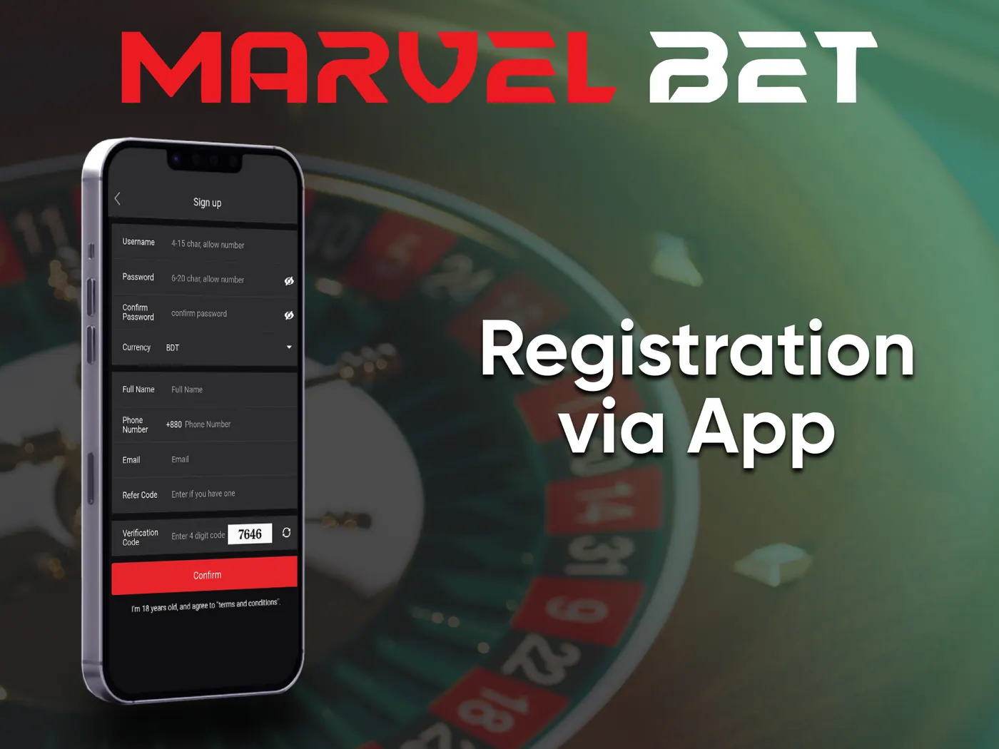 Marvelbet app registration form.