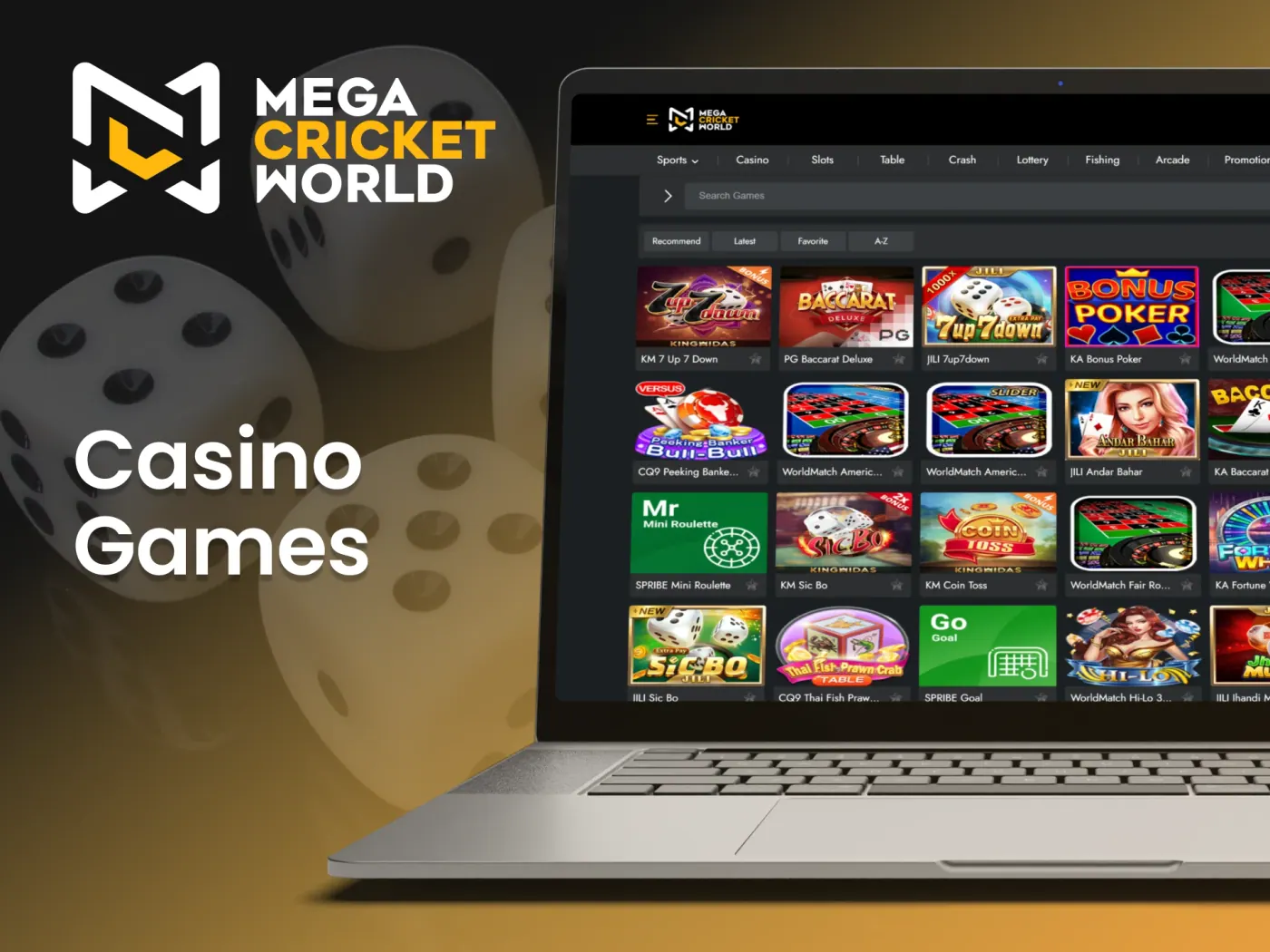 Mega Cricket World casino games section.