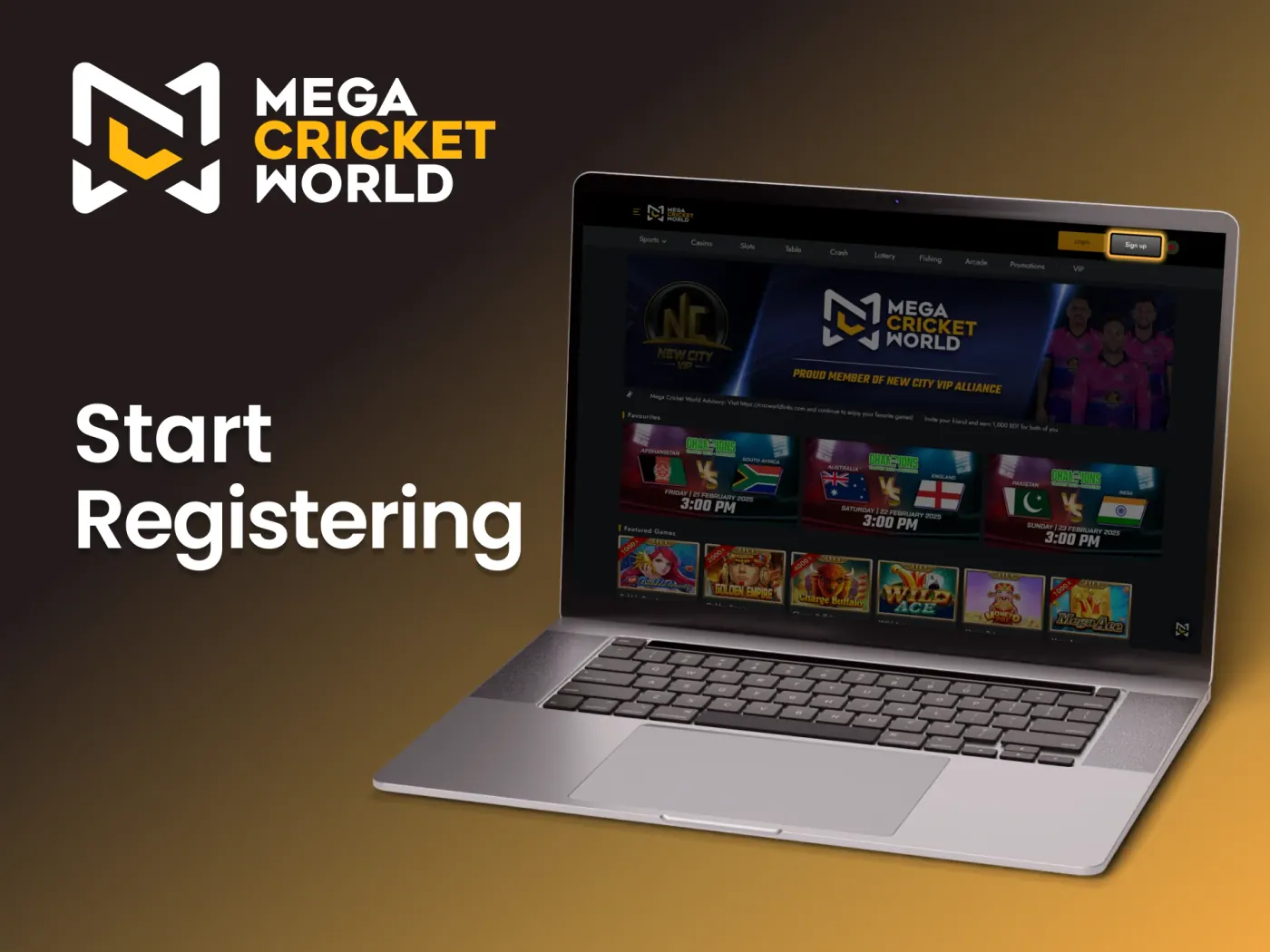 Find the Sign Up button on the official Mega Cricket World website.