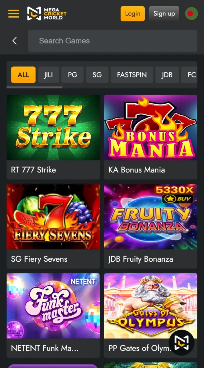 The casino section of Mega Cricket World offers a variety of games.
