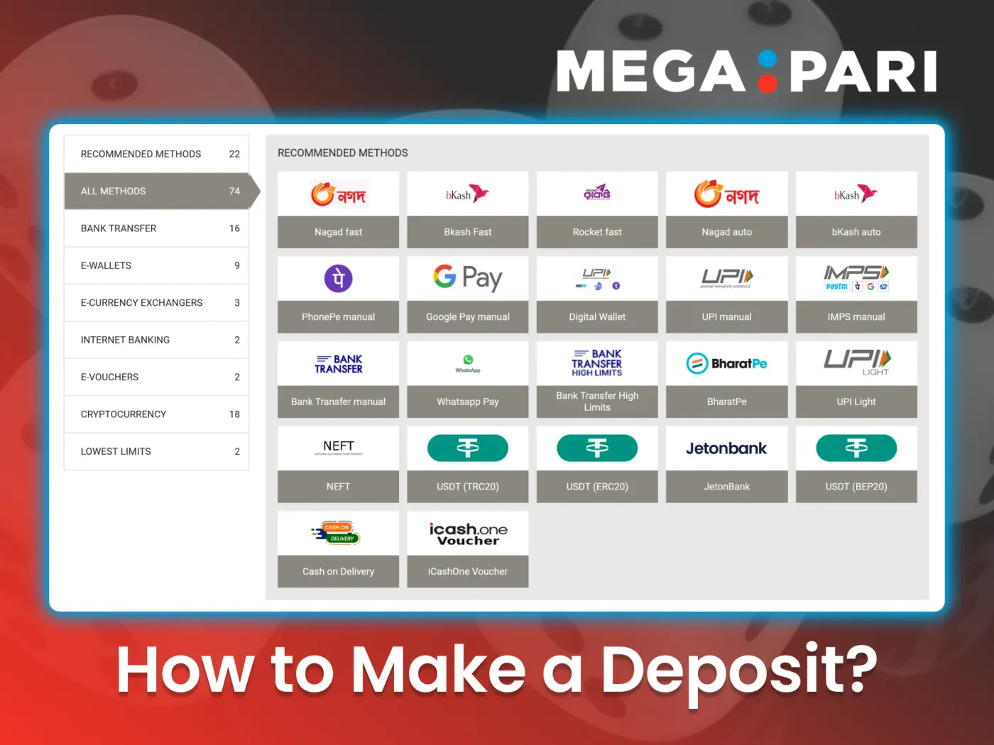 Use your favorite payment method to deposit at Megapari.
