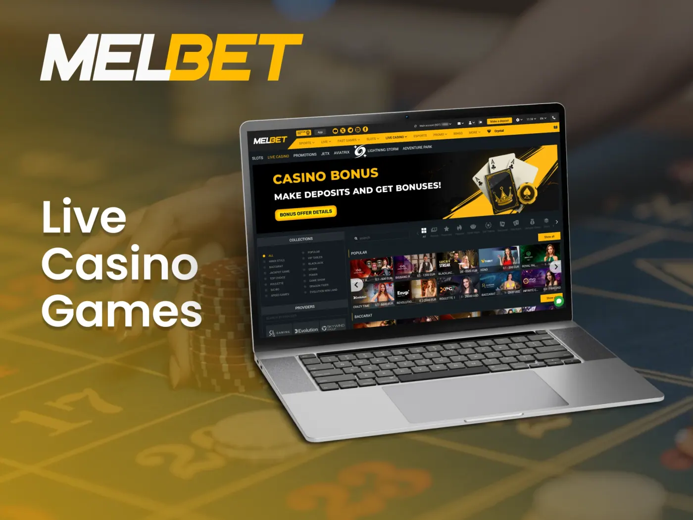 Enjoy online casino games hosted by real dealers at Melbet.