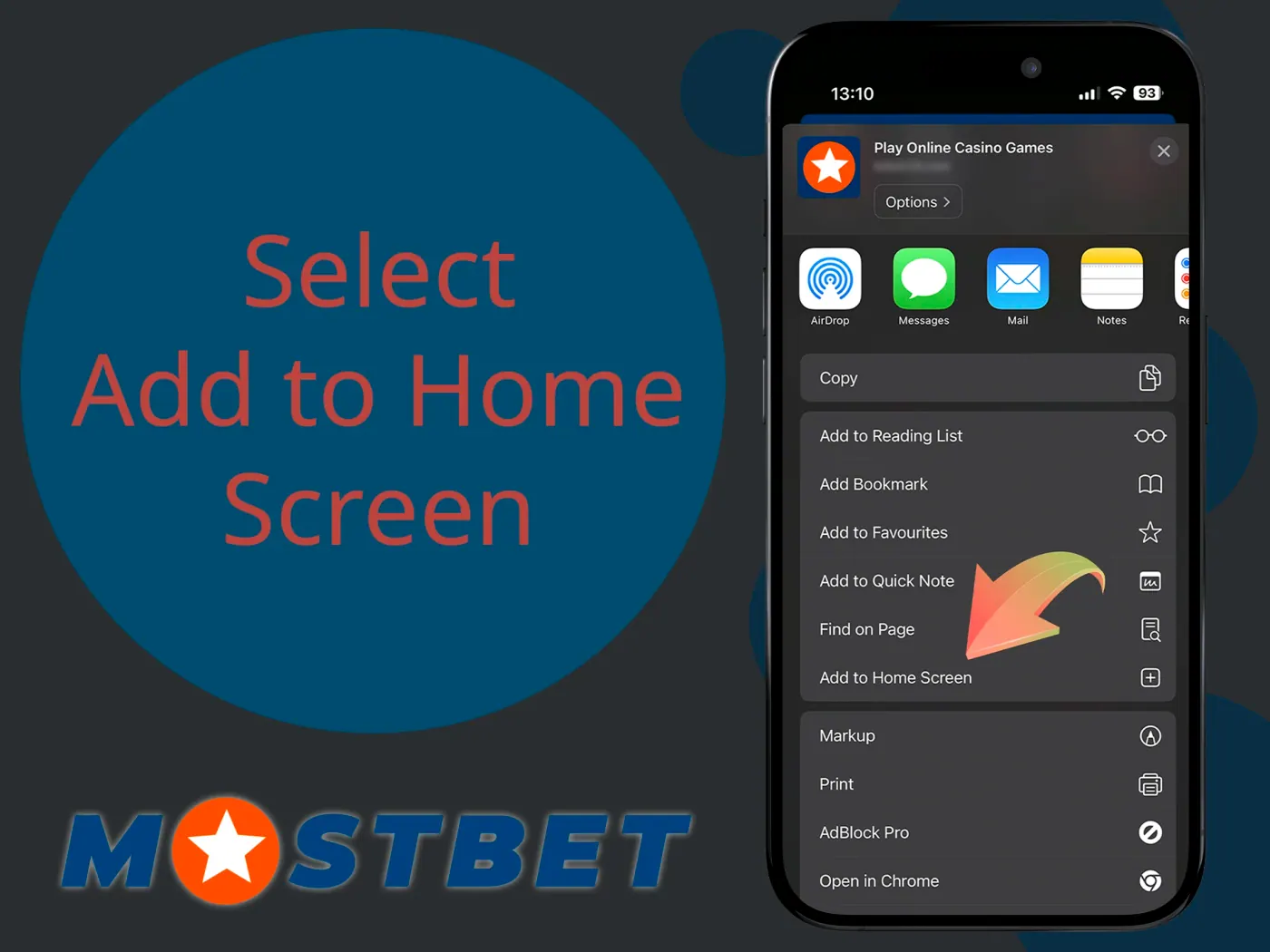 Choose Add to Home Screen for Mostbet mobile app.