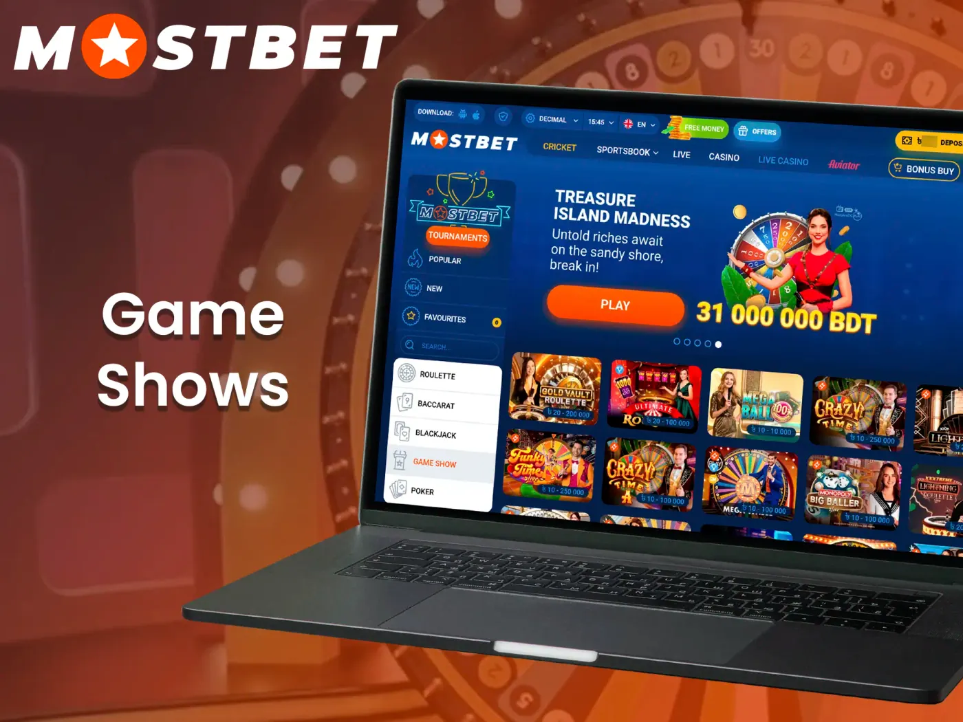 Get a unique experience playing game shows at Mostbet.