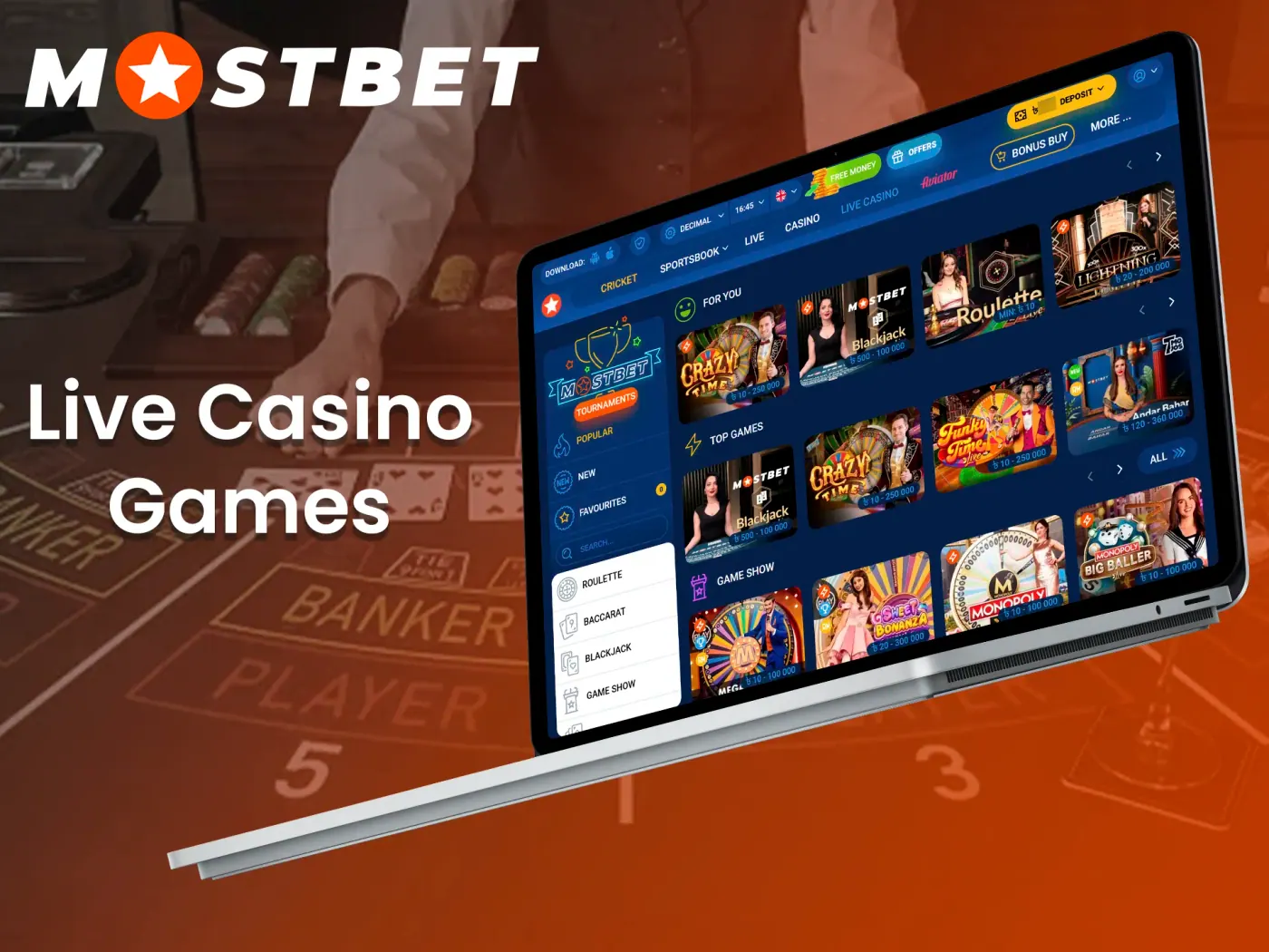 Feel the atmosphere of a real casino with live casino games at Mostbet.