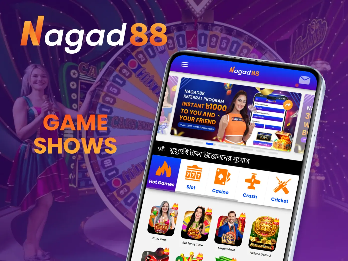 Access a variety of interactive game shows through the Nagad88 casino app.