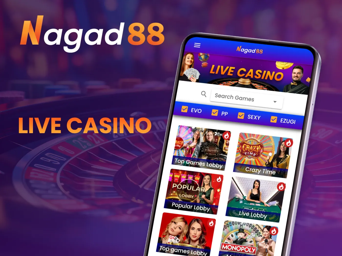 Experience the excitement of live casino games with real dealers via the Nagad88 app.
