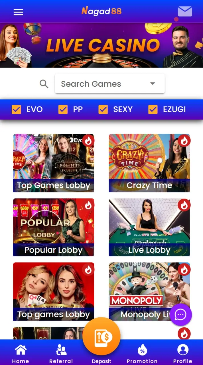The Nagad88 app’s live casino includes games featuring real dealers.