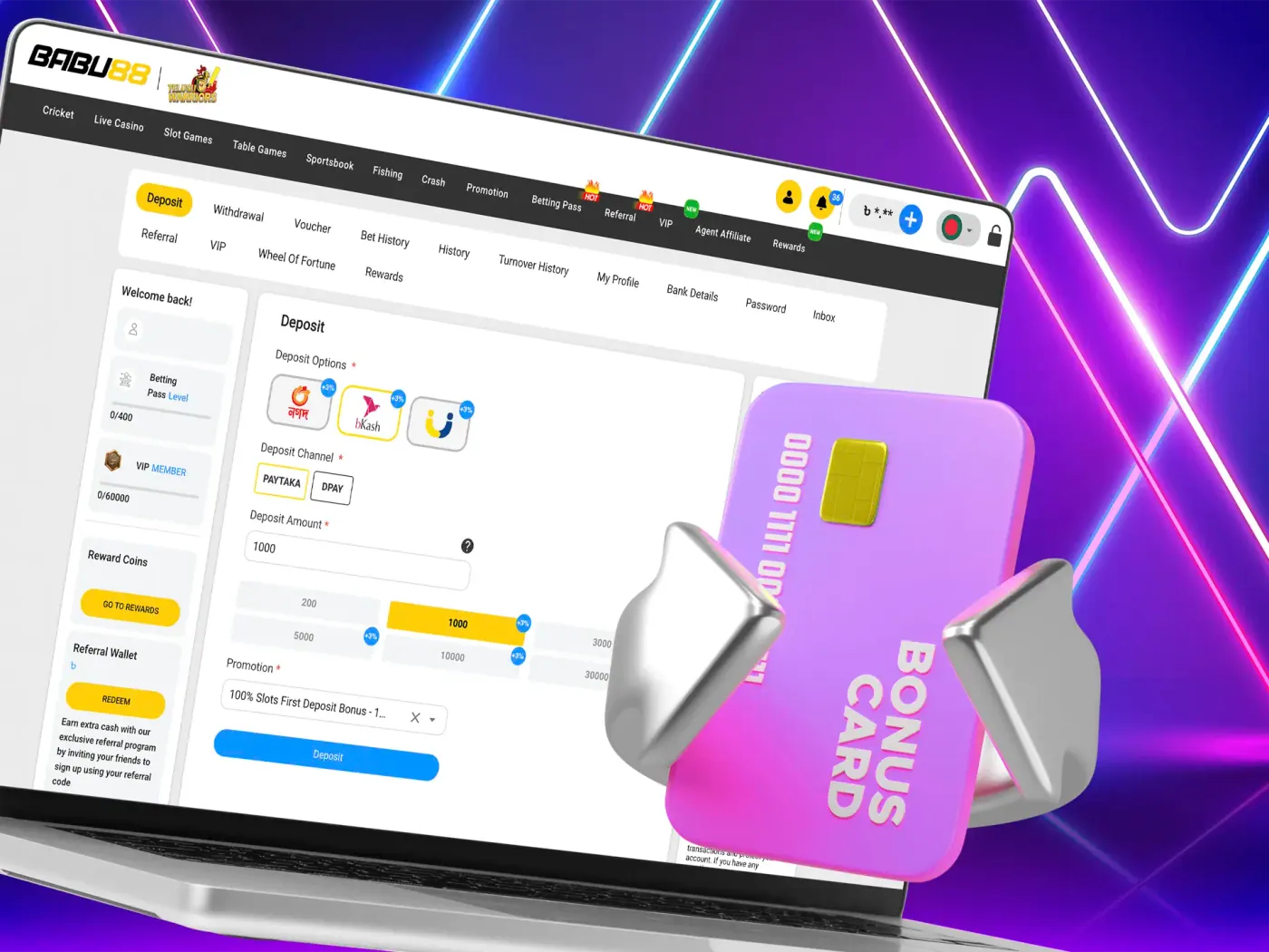 Deposit to your casino account using popular methods and earn extra rewards for it.