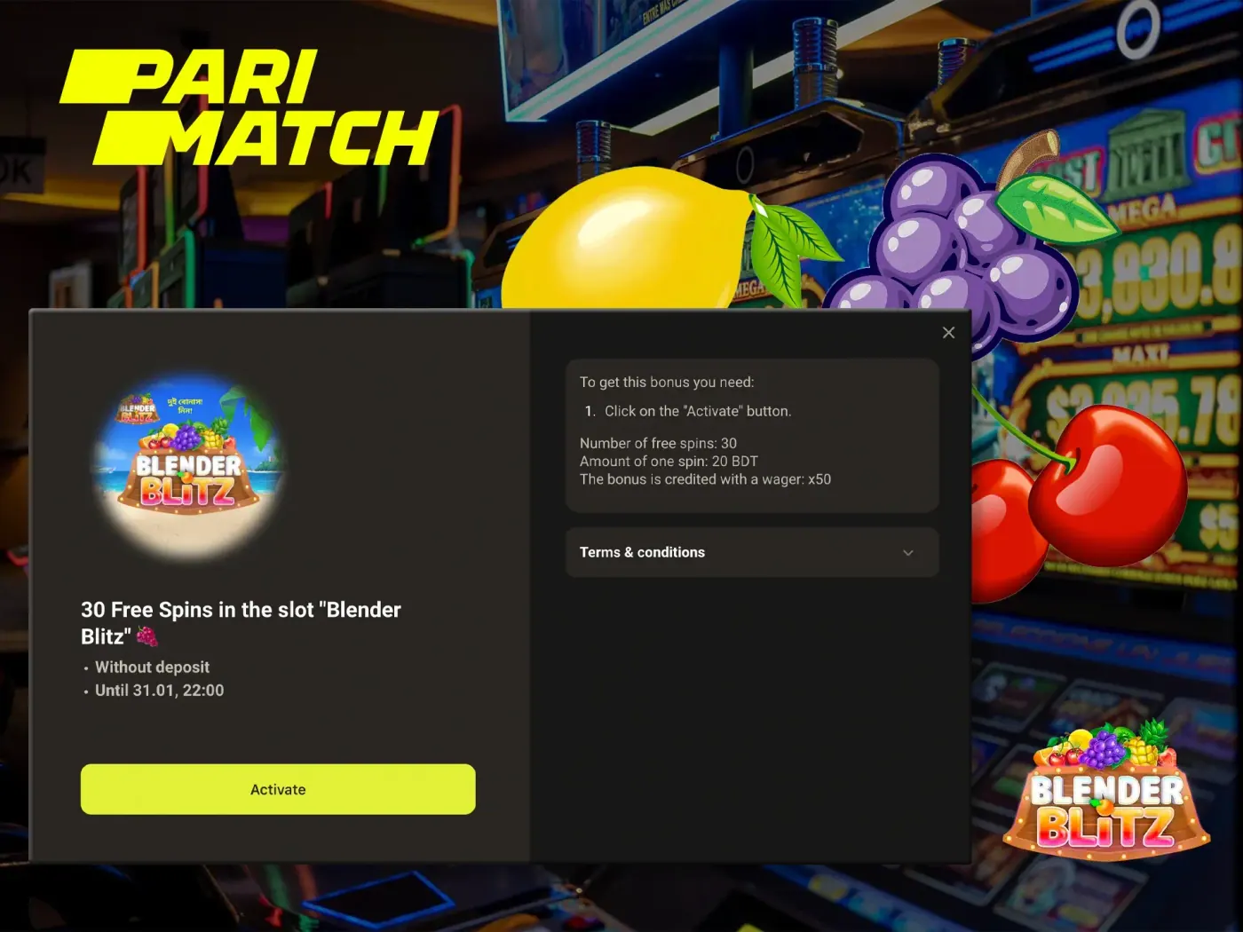 Parimatch free spins in slots.