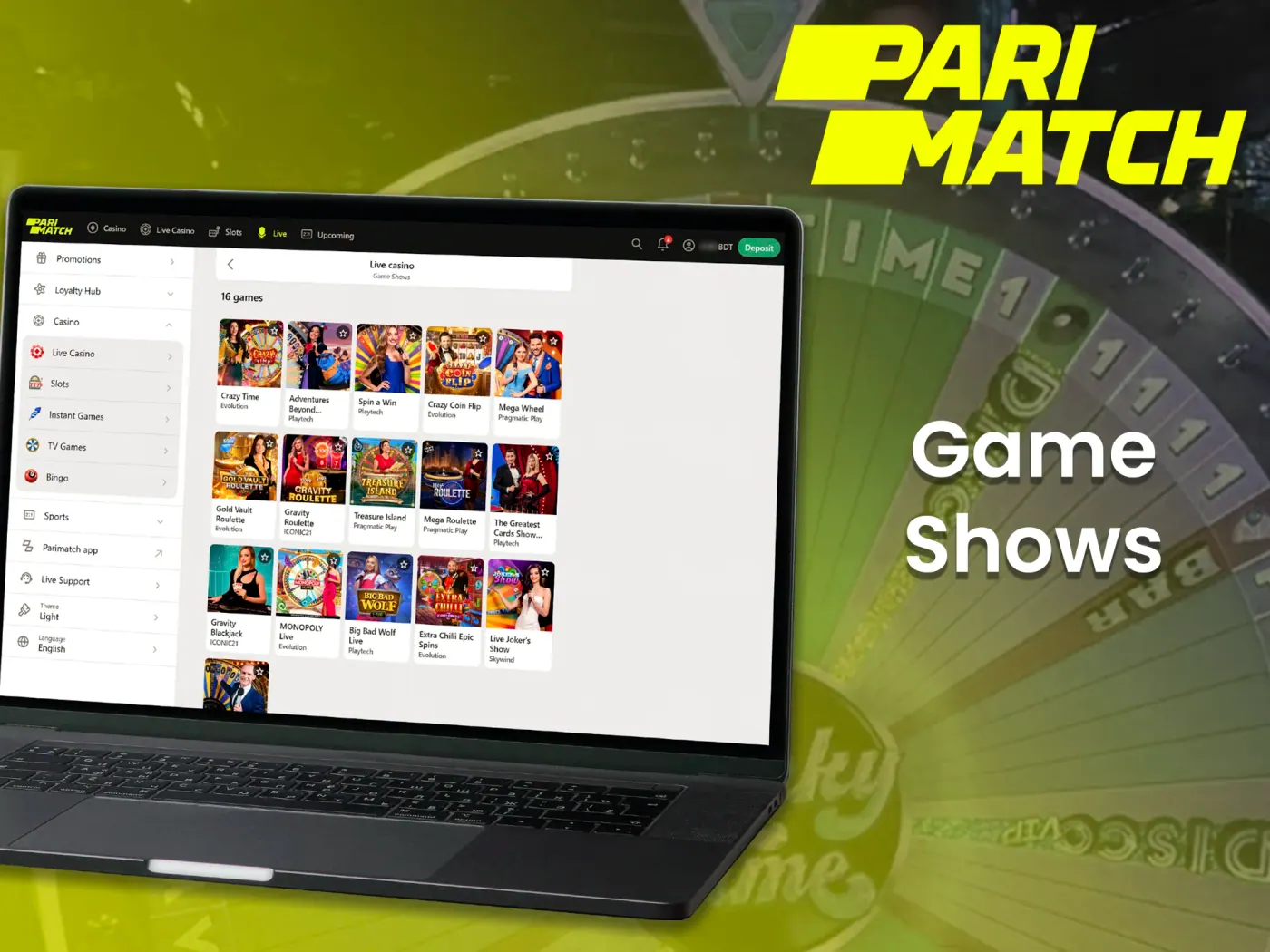 Enjoy popular live game shows at Parimatch platform.